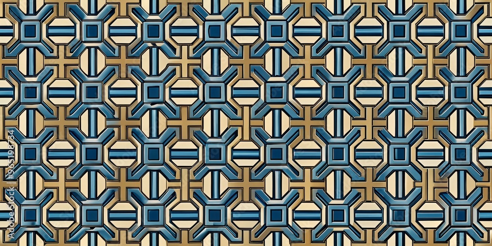 Fototapeta premium Geometric Abstract Pattern with Blue and Gold Hues, Geometric Pattern, Abstract Background, 3D Rendering, Digital Art
