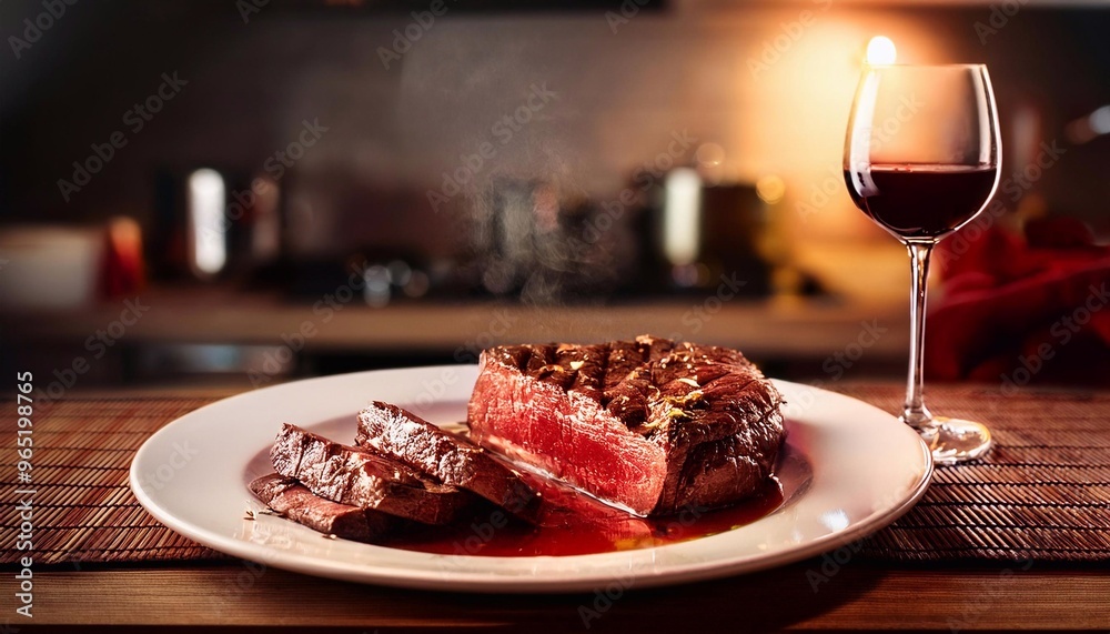 a rare piece of entrecote and a glass of red wine in the living room a rare piece of entrecote and a glass of red wine in the living room