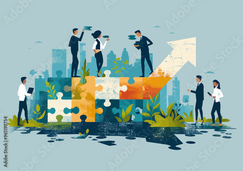 Teamwork Building Success Rising Arrow Puzzle Concept, Business Team Assembling Pieces Towards Growth and Achievement, Collaboration and Strategy in Minimalistic Vector Illustration