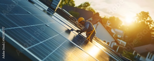 Worker Installing Solar Panels on a Roof at Sunset photo