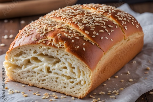 A fluffy slice of greek tsoureki bread with a shiny top and sesame seeds, AI Generated photo