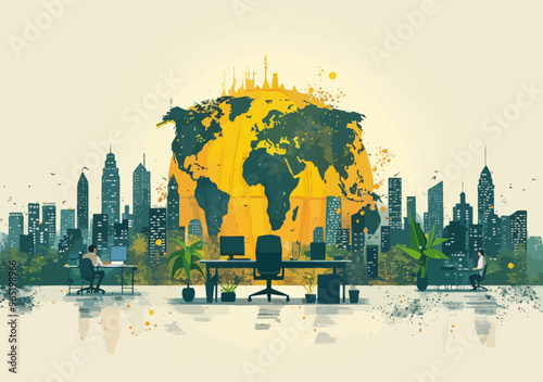 Global Trade and Investment Team Working in Front of Globe with City Skyline in Background Minimalistic Business Vector Illustration