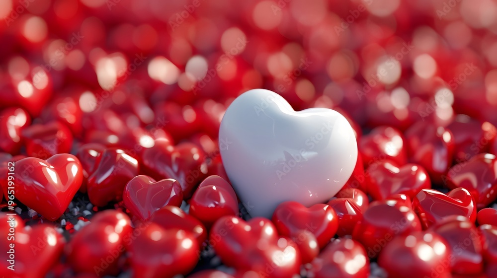 A single white heart stands out from a field of red hearts. A single white heart stands out from a field of red hearts.