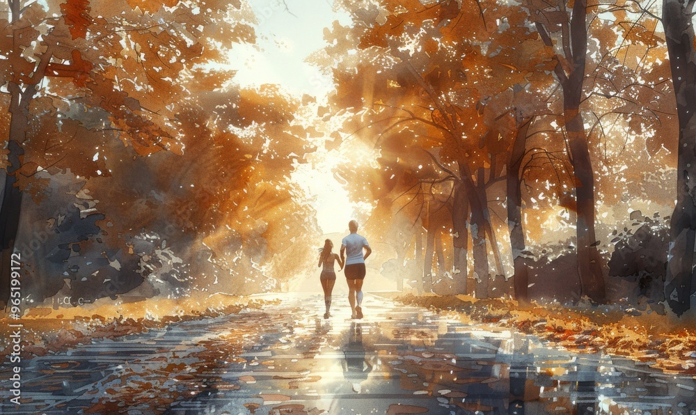 A serene autumn jog down a rain-kissed path surrounded by golden leaves, illuminated by warm sunlight filtering through the trees during a crisp morning A serene autumn jog down a rain-kissed path surrounded by golden leaves, illuminated by warm sunlight filtering through the trees during a crisp morning