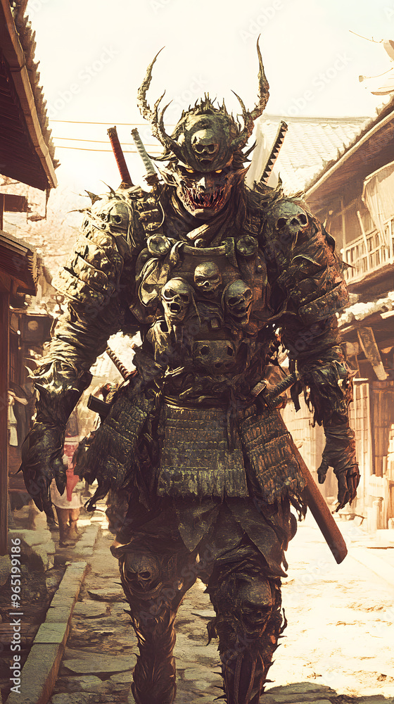 A samurai wearing menacing armor made from oni material, with a helmet, walking through an Edo period town during bright daylight A samurai wearing menacing armor made from oni material, with a helmet, walking through an Edo period town during bright daylight