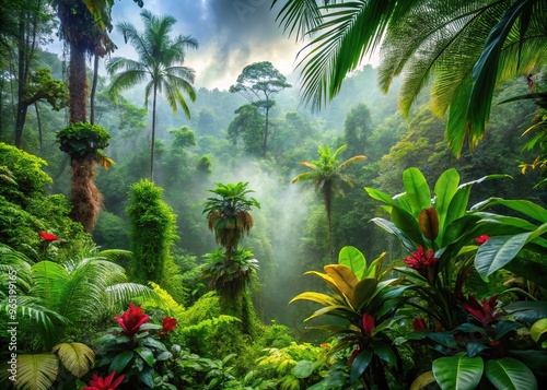 Vibrant, exotic tropical plants with tender shoots and leaves thrive in a lush, misty forest, showcasing nature's delicate balance of semi-parasitic relationships.