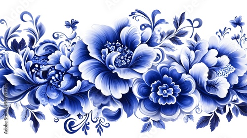 Creative Gzhel design with flowing blue floral patterns and ornate details, a reflection of Russian ceramic artistry, High quality, sharp images, graphic, illustration photo