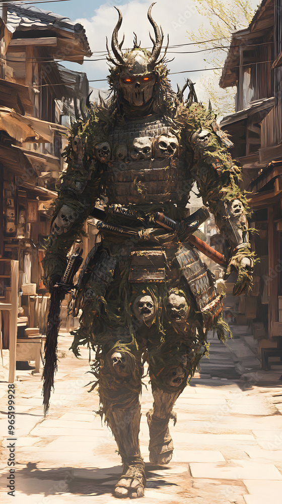 A samurai wearing menacing armor made from oni material, with a helmet, walking through an Edo period town during bright daylight A samurai wearing menacing armor made from oni material, with a helmet, walking through an Edo period town during bright daylight