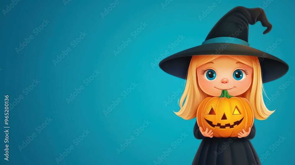 A cheerful young witch with a blonde wig holds a glowing jackolantern, enjoying the spirit of Halloween. A cheerful young witch with a blonde wig holds a glowing jackolantern, enjoying the spirit of Halloween.