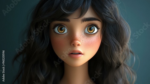 A charming cartoon girl with flowing light to dark brown hair and mesmerizing hazel eyes, radiating warmth and joy.