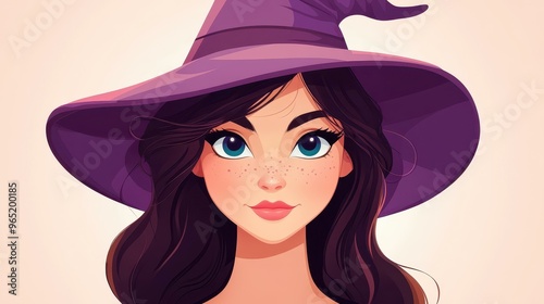 Adorable witch with a purple hat, illustrated in a charming style, set against a clean, minimalistic background.