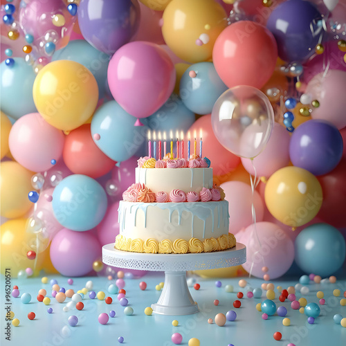 3D Illustration of Birthday Cake with Balloons and Colorful Background