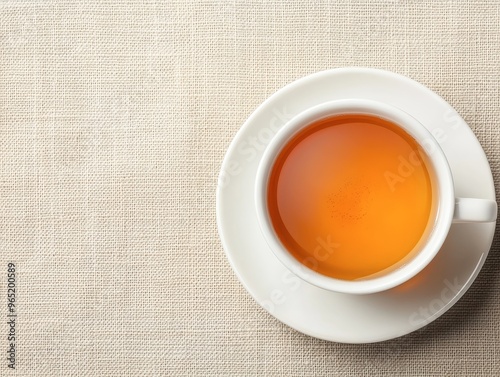 A soothing cup of tea displayed on a textured linen tablecloth, perfect for relaxation and mindful moments. photo