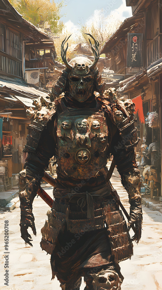 A samurai wearing menacing armor made from oni material, with a helmet, walking through an Edo period town during bright daylight