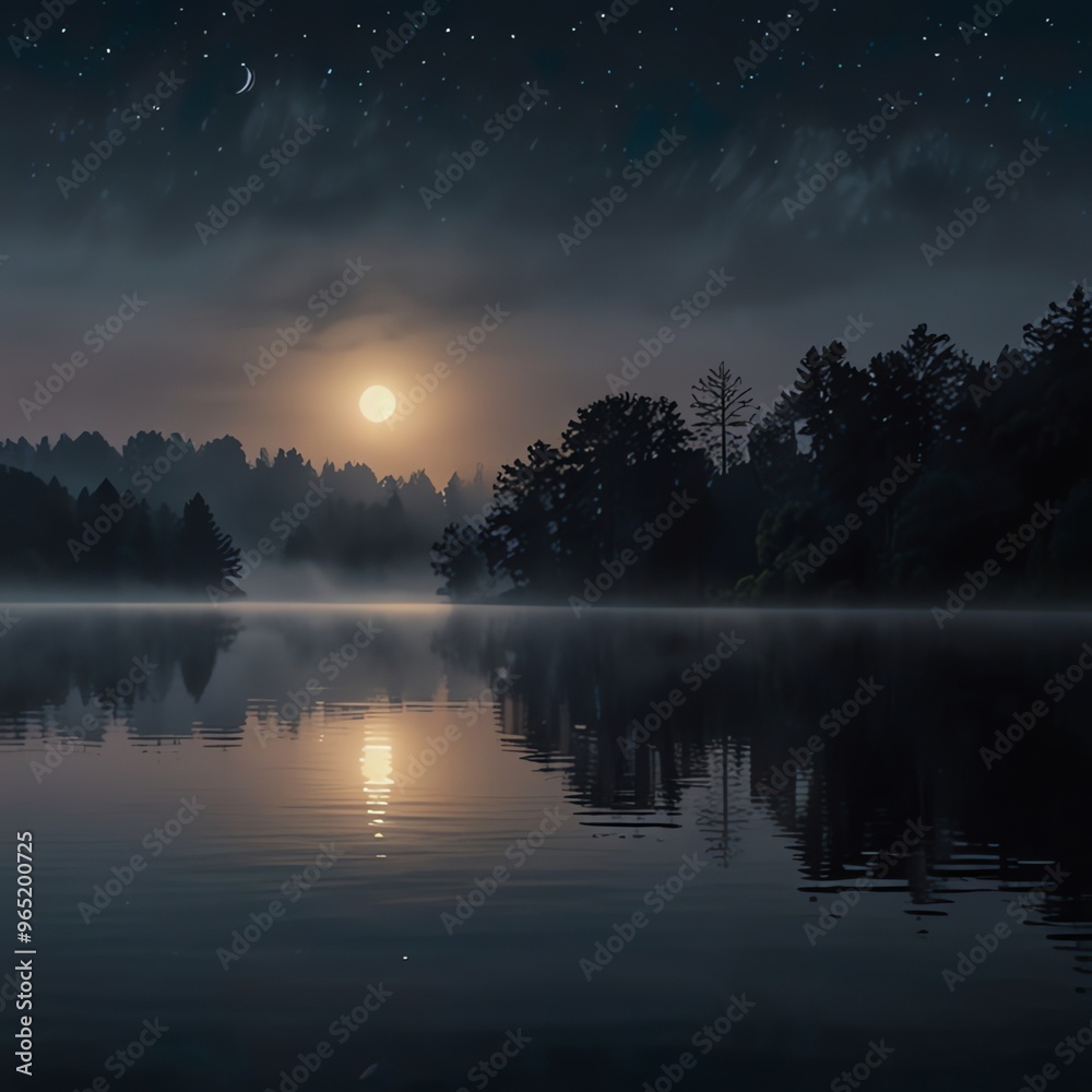 a full moon shines over a lake with trees and fog. a full moon shines over a lake with trees and fog.