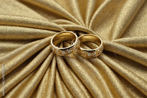 a texture of cloth with two golden weddingsrings, closeup photo