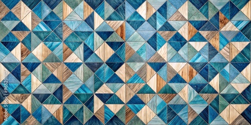 Geometric Wooden Mosaic Pattern with Blue and Brown Tones, Mosaic , Wood , Pattern