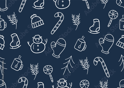 Doodle art of Christmas tree and winter seamless patterns on a blue background. For cards, frames, posters, book covers, textiles, wallpaper, wrapping and fabric.