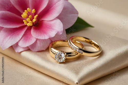 two gold engagement rings and pink astromeria flower on a beige satin background photo