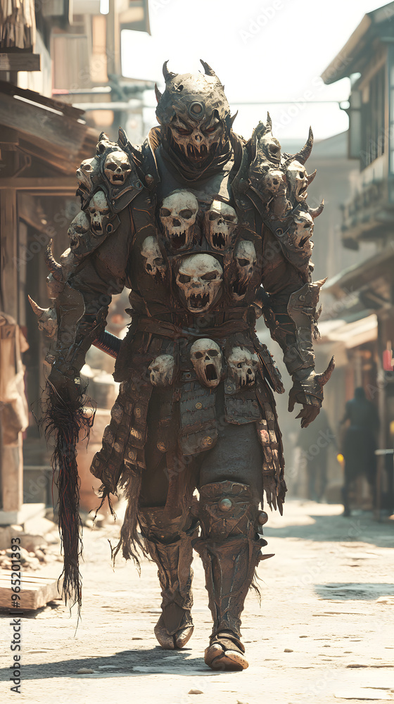 A samurai wearing menacing armor made from oni material, with a helmet, walking through an Edo period town during bright daylight A samurai wearing menacing armor made from oni material, with a helmet, walking through an Edo period town during bright daylight