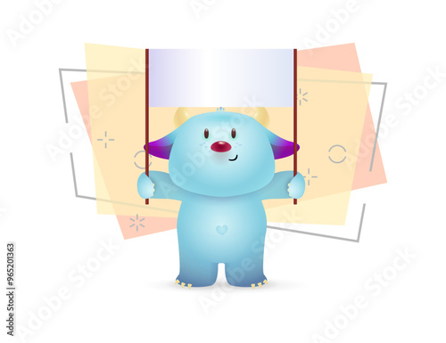 Blue monster character illustration. Horned animal, cute creature, banner. Advertisement concept. Vector illustration can be used for topics like marketing, promotion, advertising photo