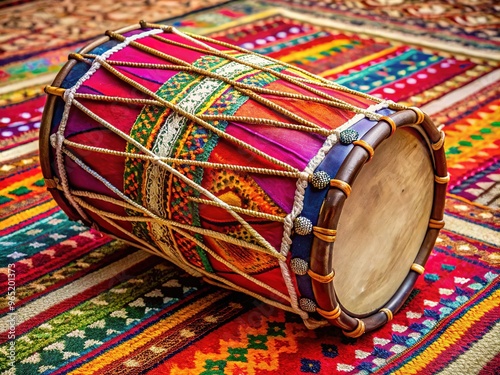 Vibrant Indian drum dholak with intricate designs and colors, lying on a traditional handwoven rug, evoking cultural heritage and festive celebrations. photo