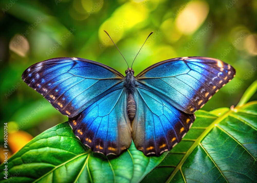 Vibrant iridescent blue butterfly perches delicately on a lush green leaf, its intricate wings folded, showcasing nature's mesmerizing beauty in a serene, sun-dappled forest setting. Vibrant iridescent blue butterfly perches delicately on a lush green leaf, its intricate wings folded, showcasing nature's mesmerizing beauty in a serene, sun-dappled forest setting.