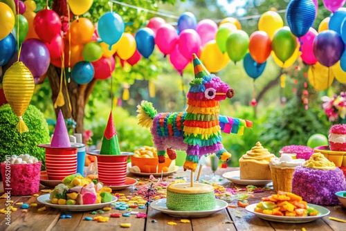 Vibrant Latin-inspired birthday celebration with colorful piñatas, balloons, and confetti surrounding a festive table filled with delicious traditional food and drinks. photo