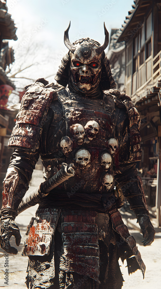 A samurai wearing menacing armor made from oni material, with a helmet, walking through an Edo period town during bright daylight A samurai wearing menacing armor made from oni material, with a helmet, walking through an Edo period town during bright daylight