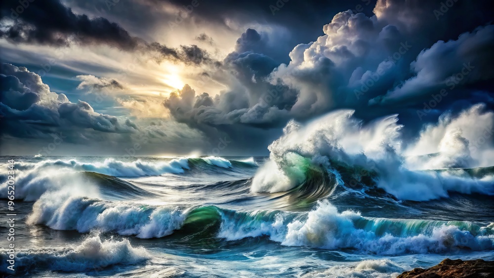 The ocean rages, churned by stormy winds that whip waves into frothy crests, while rain pounds against the