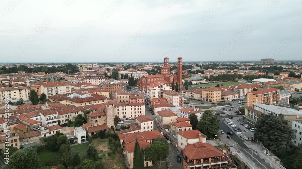 City Of Bassano del Grappa With Ossuary Temple In View. Vicenza Province, Veneto, Italy. drone shot City Of Bassano del Grappa With Ossuary Temple In View. Vicenza Province, Veneto, Italy. drone shot