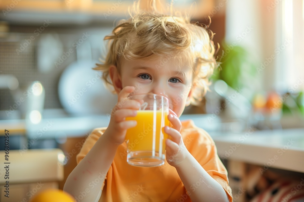 A kid boy drinks orange juice from glass at the kitchen. AI generative
