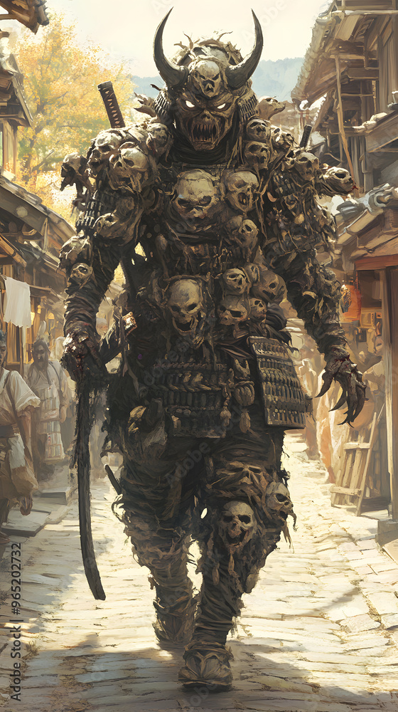 A samurai wearing menacing armor made from oni material, with a helmet, walking through an Edo period town during bright daylight A samurai wearing menacing armor made from oni material, with a helmet, walking through an Edo period town during bright daylight