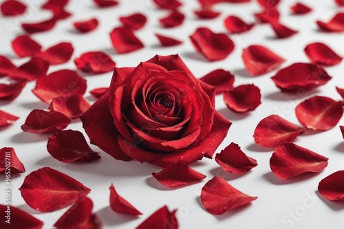 seamless, red rose petals breeze, studio photographed in depth of field, isolated on white