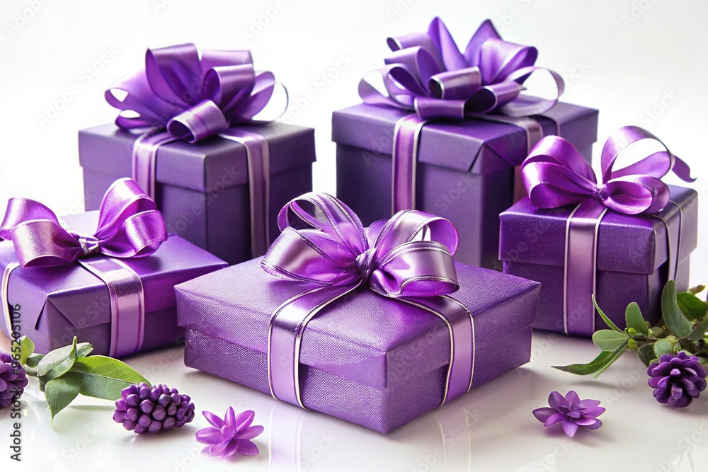 Vibrant purple gifts with elegant bows and ribbons, artfully arranged on a soft white background, evoke a sense of luxury and sophisticated celebration. Vibrant purple gifts with elegant bows and ribbons, artfully arranged on a soft white background, evoke a sense of luxury and sophisticated celebration.