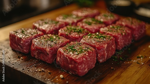 Close-Up of Raw Meat Cut into Steaks on Table with High Detail for Cooking Books