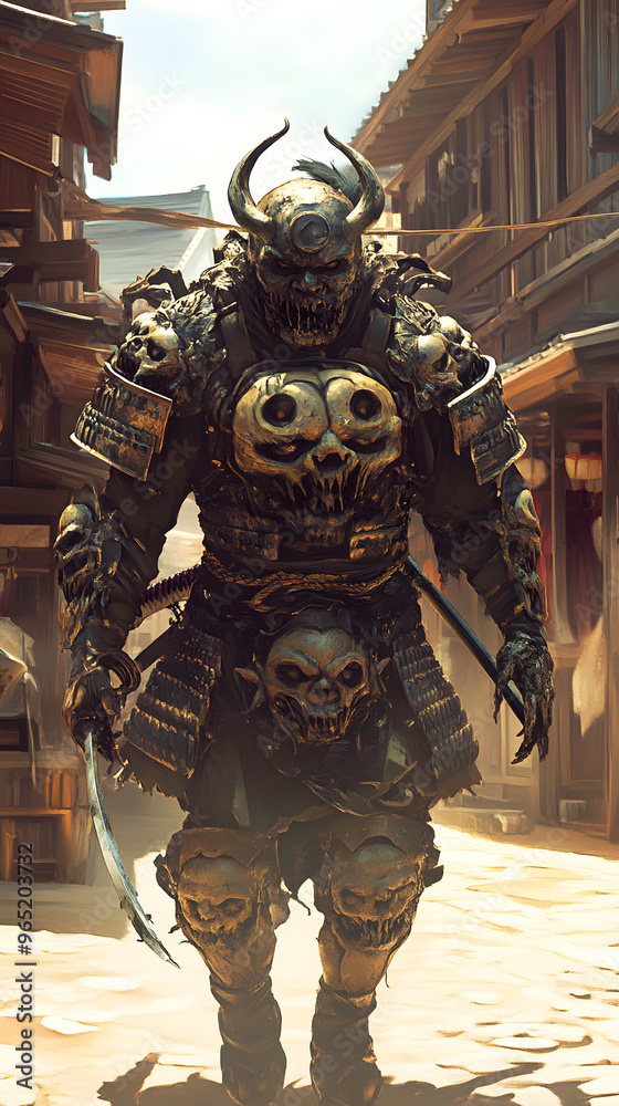 Fototapeta premium A samurai wearing menacing armor made from oni material, with a helmet, walking through an Edo period town during bright daylight