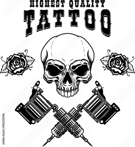 Tattoo studio emblem template. Crossed tattoo machine, skull, roses. Design element for logo, label, sign, poster, t shirt. Vector illustration