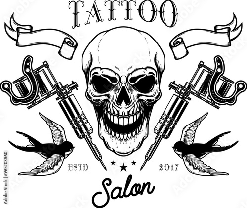 Tattoo studio emblem template. Crossed tattoo machine, skull, roses. Design element for logo, label, sign, poster, t shirt. Vector illustration