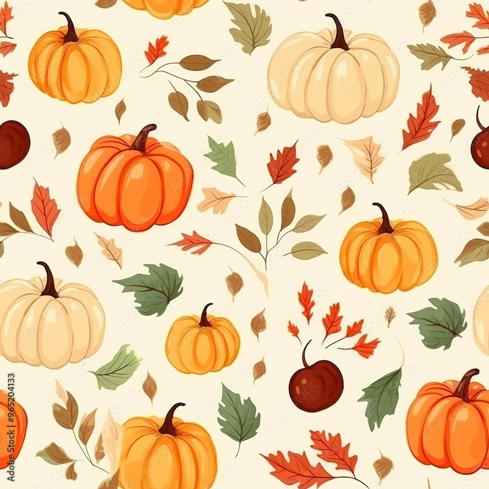 Autumn-themed repeat print with orange and white pumpkins and leaves. Watercolor fall gourds illustration. Botanical designer paper. Autumn-themed repeat print with orange and white pumpkins and leaves. Watercolor fall gourds illustration. Botanical designer paper.