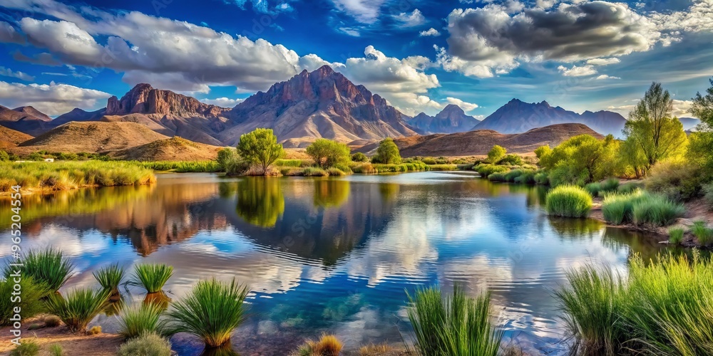 The serene desert lake's stillness is juxtaposed with towering mountains, while lush vegetation in the foreground adds The serene desert lake's stillness is juxtaposed with towering mountains, while lush vegetation in the foreground adds