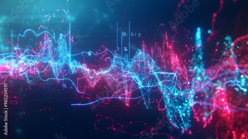 Abstract colorful glowing particles and lines forming a dynamic graph or chart.