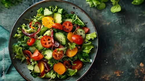 A beautiful vegetable salad in a large plate on the table.