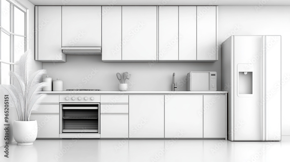 A white kitchen with a stove, refrigerator and sink in it, AI A white kitchen with a stove, refrigerator and sink in it, AI