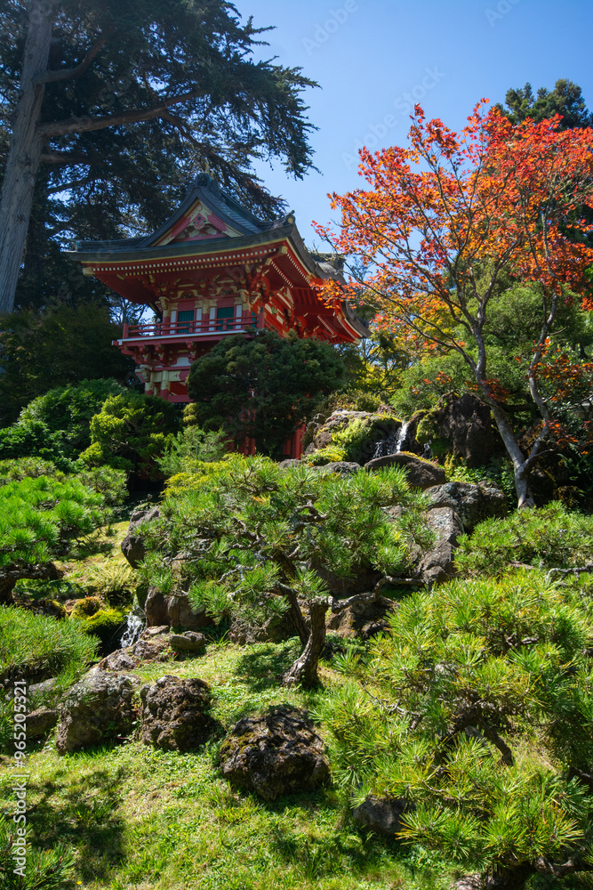 Japanese Tea Garden San Francisco colorful red wooden pagoda and surrounding trees. Japanese Tea Garden San Francisco colorful red wooden pagoda and surrounding trees.
