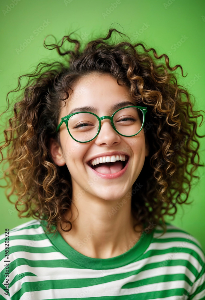 Joyful Young Woman with Curly Hair Against Green Background Joyful Young Woman with Curly Hair Against Green Background