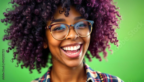 Joyful Young Woman with Curly Hair Against Green Background