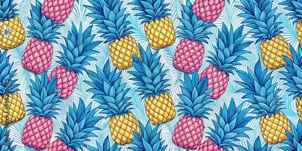 Pineapple Paradise A Vibrant, Hand-Drawn Seamless Pattern with Yellow and Pink Pineapples on a Blue and White Background, pineapple, tropical, seamless pattern Pineapple Paradise A Vibrant, Hand-Drawn Seamless Pattern with Yellow and Pink Pineapples on a Blue and White Background, pineapple, tropical, seamless pattern