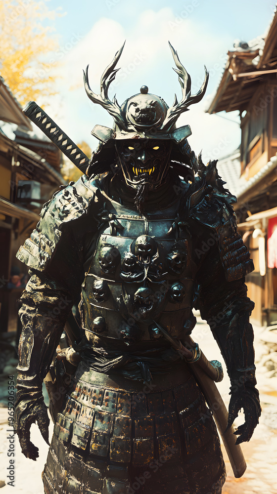 Fototapeta premium A samurai wearing menacing armor made from oni material, with a helmet, walking through an Edo period town during bright daylight