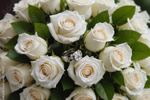 wedding rings on the wedding bouquet of white roses